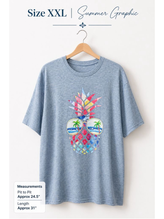 Unbranded Tops - XXL Pineapple Graphic Tee Summer Tropical T-Shirt Blue Casual Beach Vacation